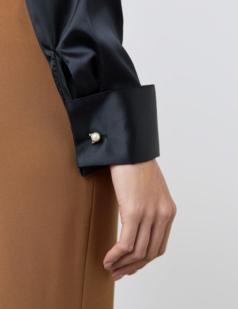 PLAIN BLACK FITTED SATIN SHIRT - DOUBLE CUFF
