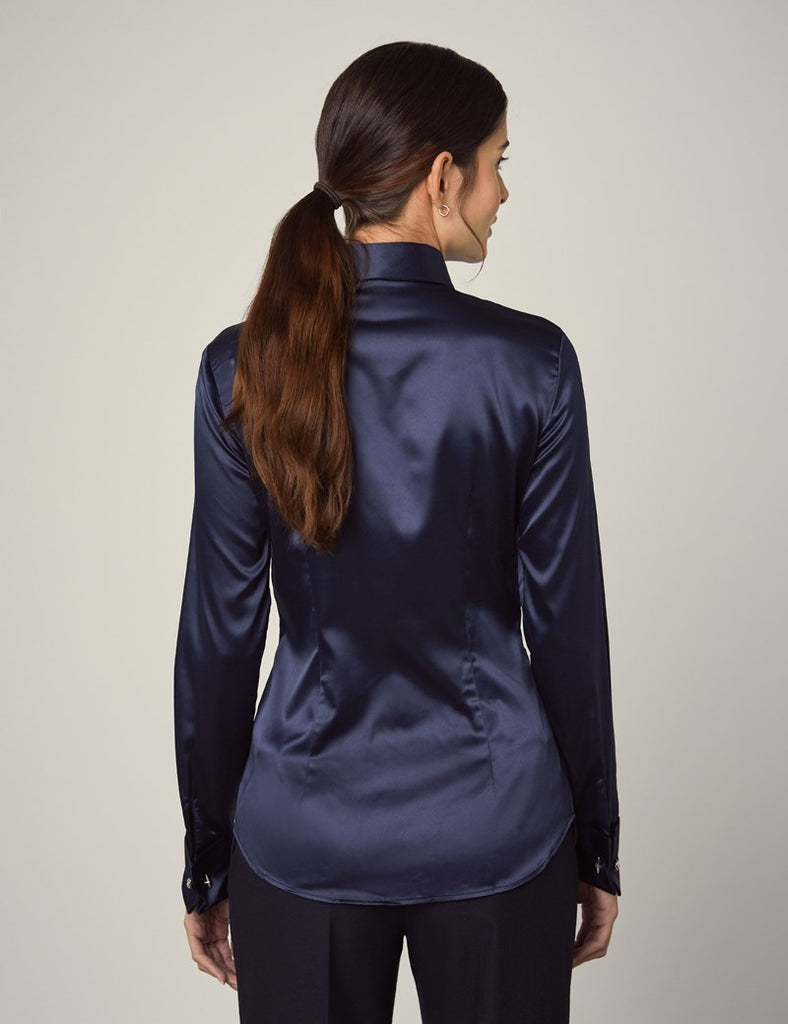 Luxury Navy Satin Shirt, Double Cuff
