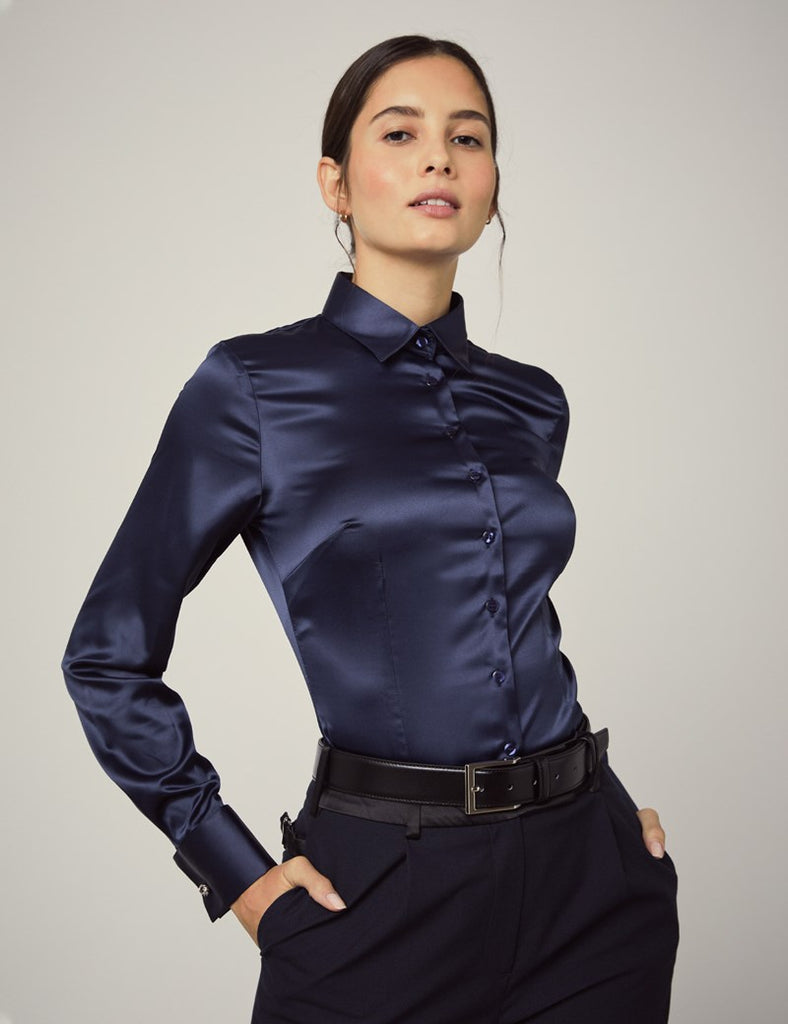 Luxury Navy Satin Shirt, Double Cuff