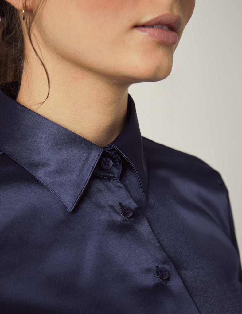 Luxury Navy Satin Shirt, Double Cuff