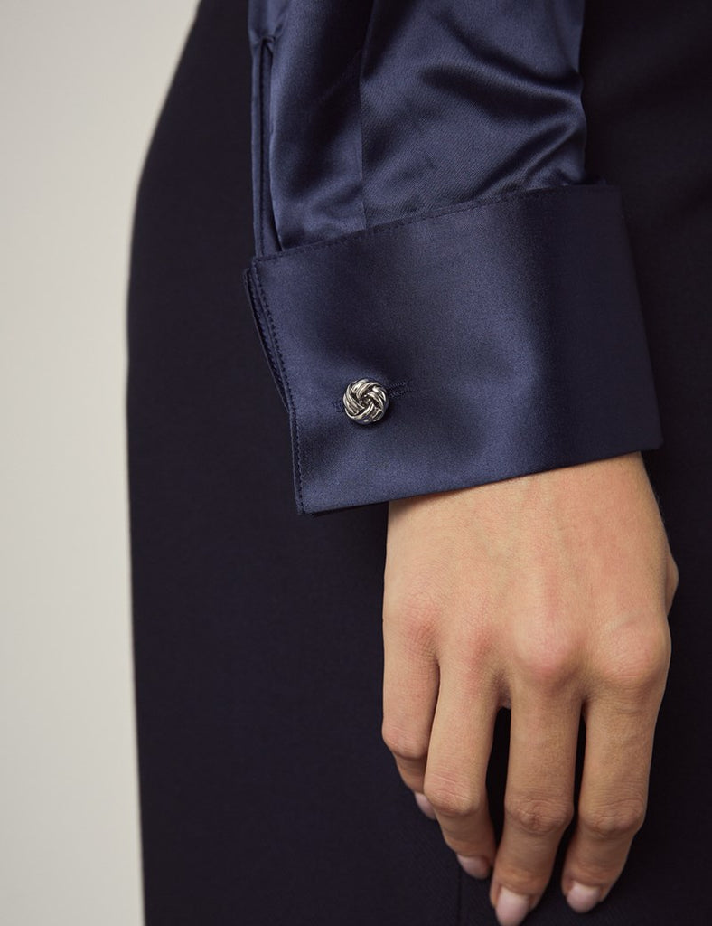 Luxury Navy Satin Shirt, Double Cuff