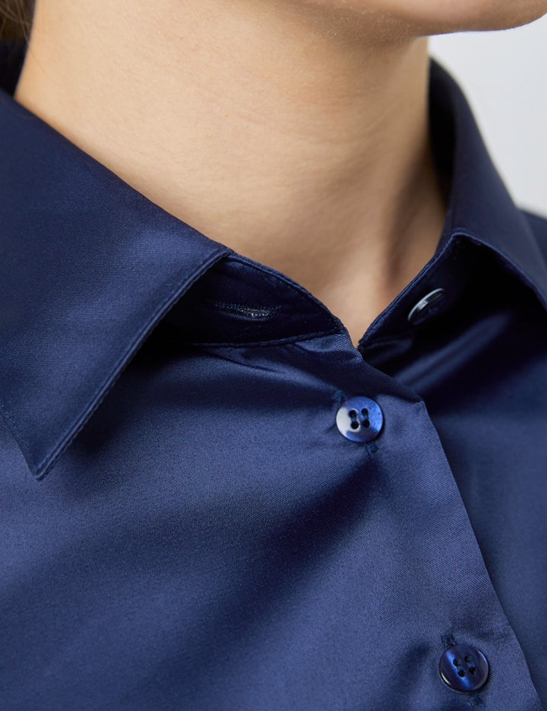 Luxury Navy Satin Shirt, Double Cuff