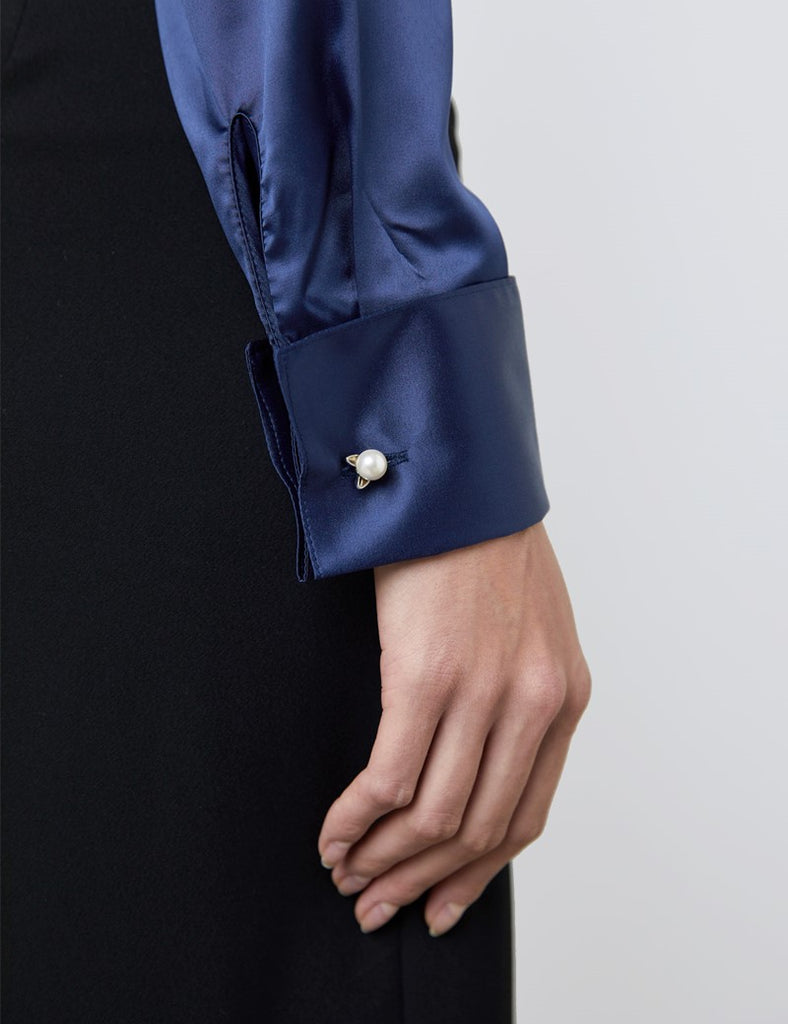 Luxury Navy Satin Shirt, Double Cuff