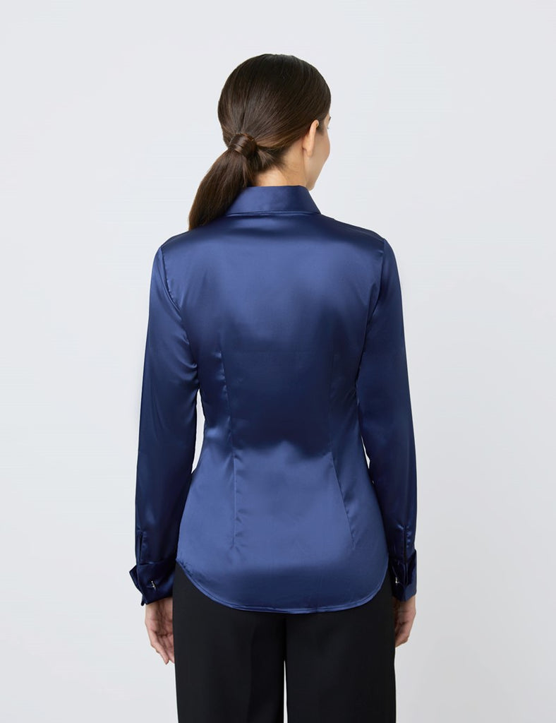 Luxury Navy Satin Shirt, Double Cuff
