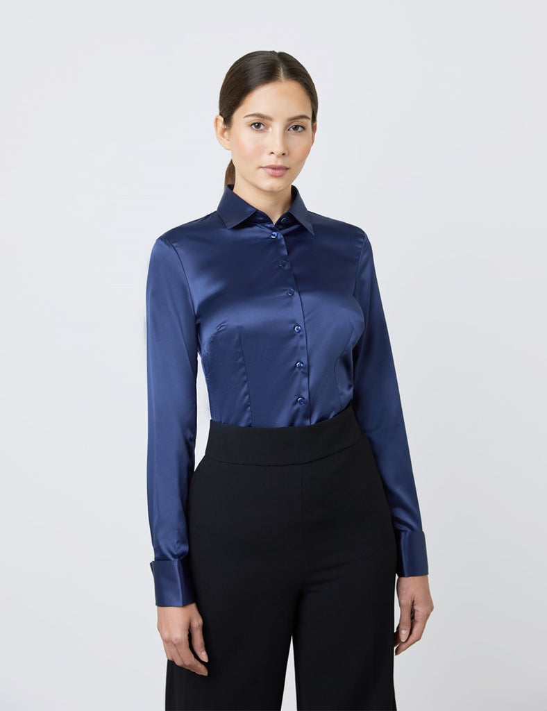 Luxury Navy Satin Shirt, Double Cuff
