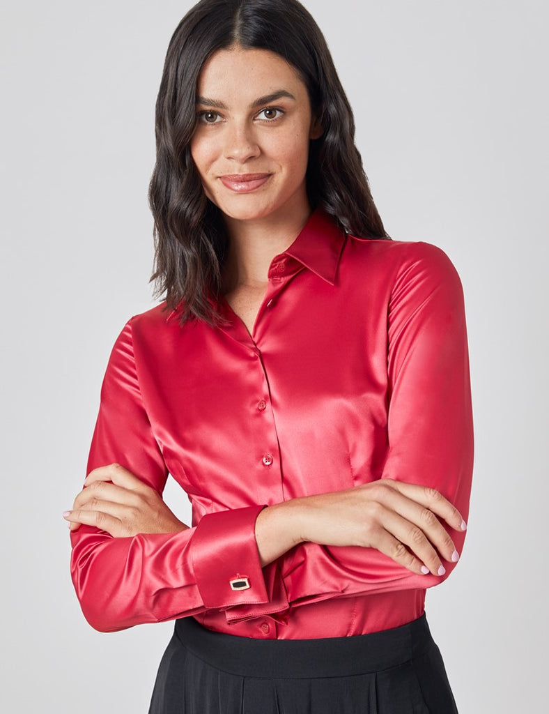 Red Fitted Satin Shirt - Double Cuff