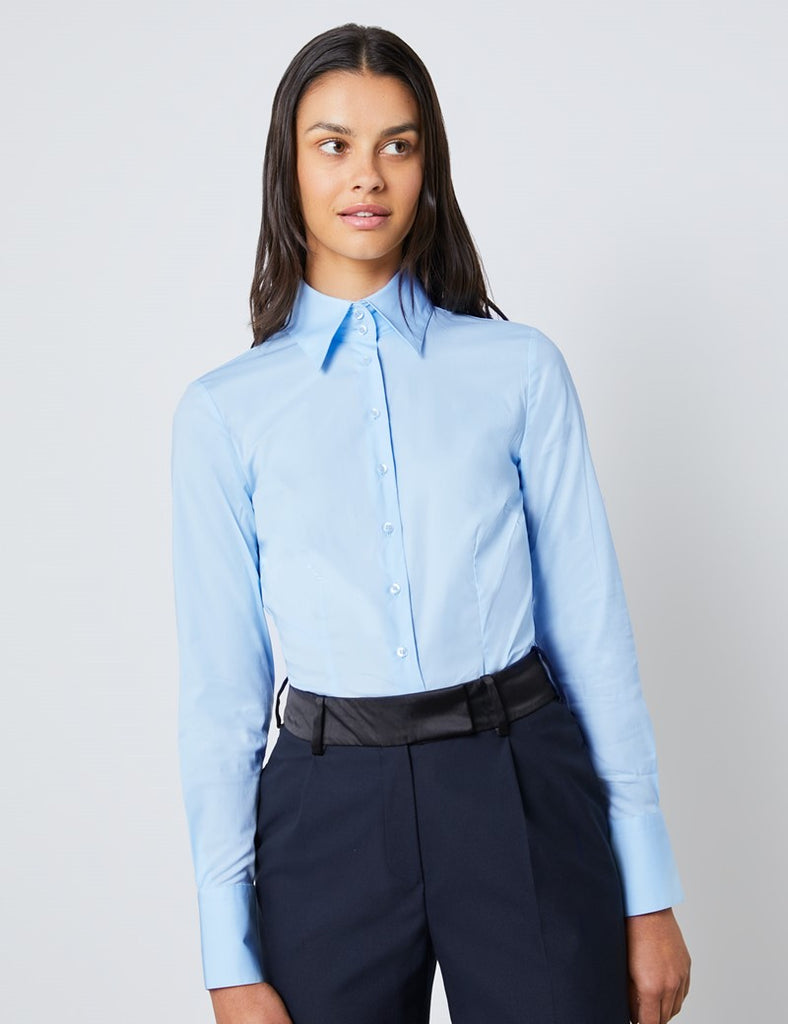 Ice Blue Fitted Shirt with High Long Collar - Single Cuff