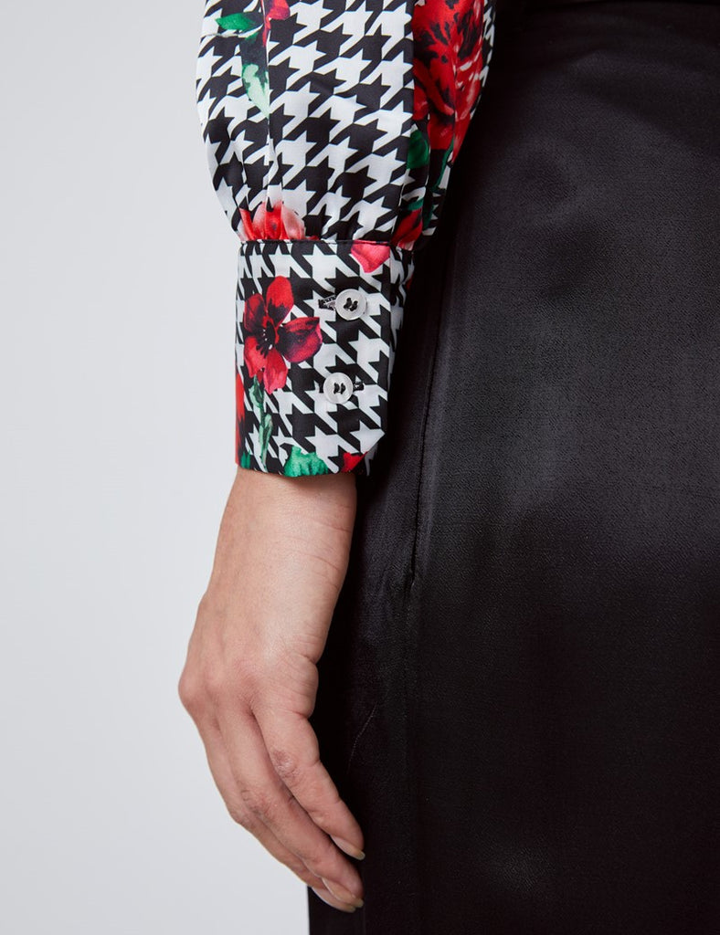 Black & White Floral Fitted Satin Blouse - Single Cuff - Pussy Bow