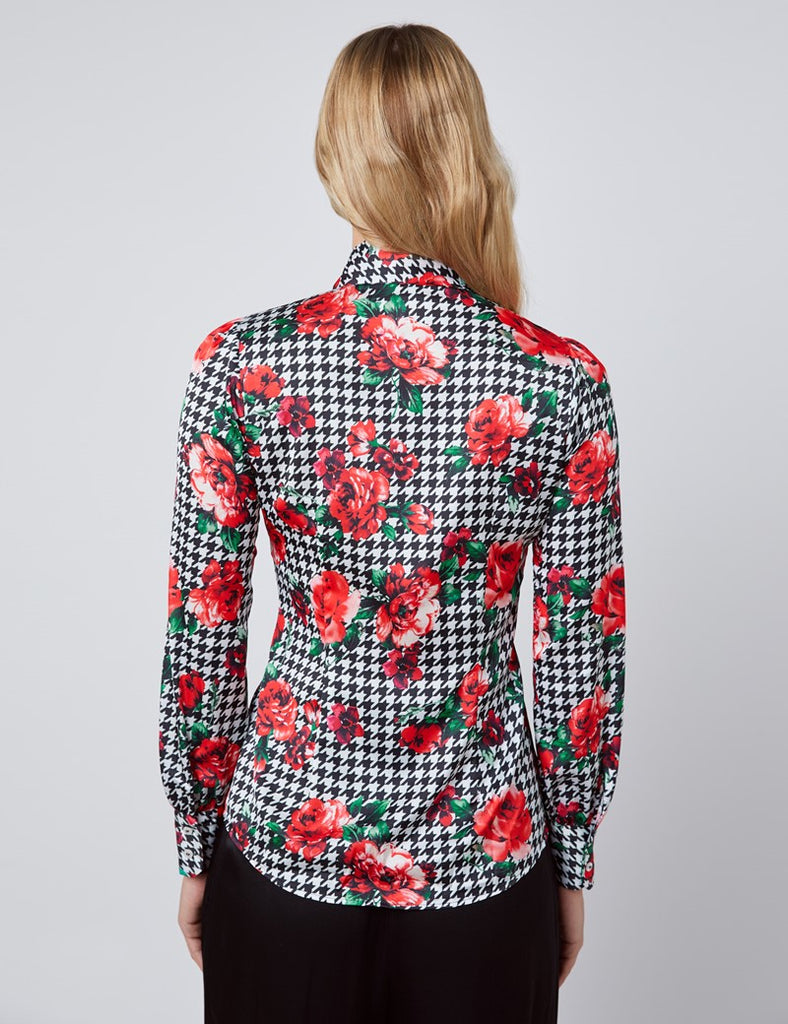 Black & White Floral Fitted Satin Blouse - Single Cuff - Pussy Bow