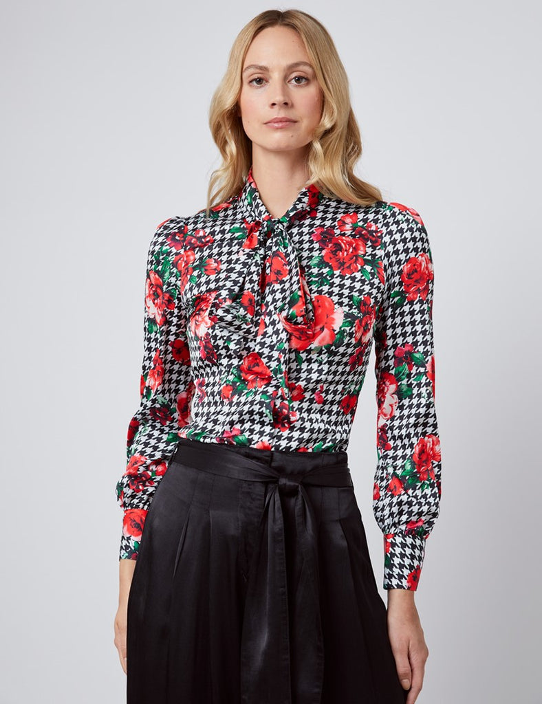 Black & White Floral Fitted Satin Blouse - Single Cuff - Pussy Bow