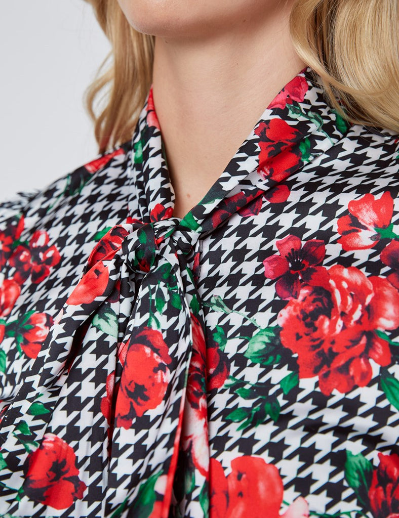 Black & White Floral Fitted Satin Blouse - Single Cuff - Pussy Bow