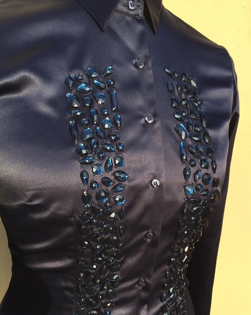 EMBROIDERED BLUE SATIN SHIRT - DOUBLE CUFF