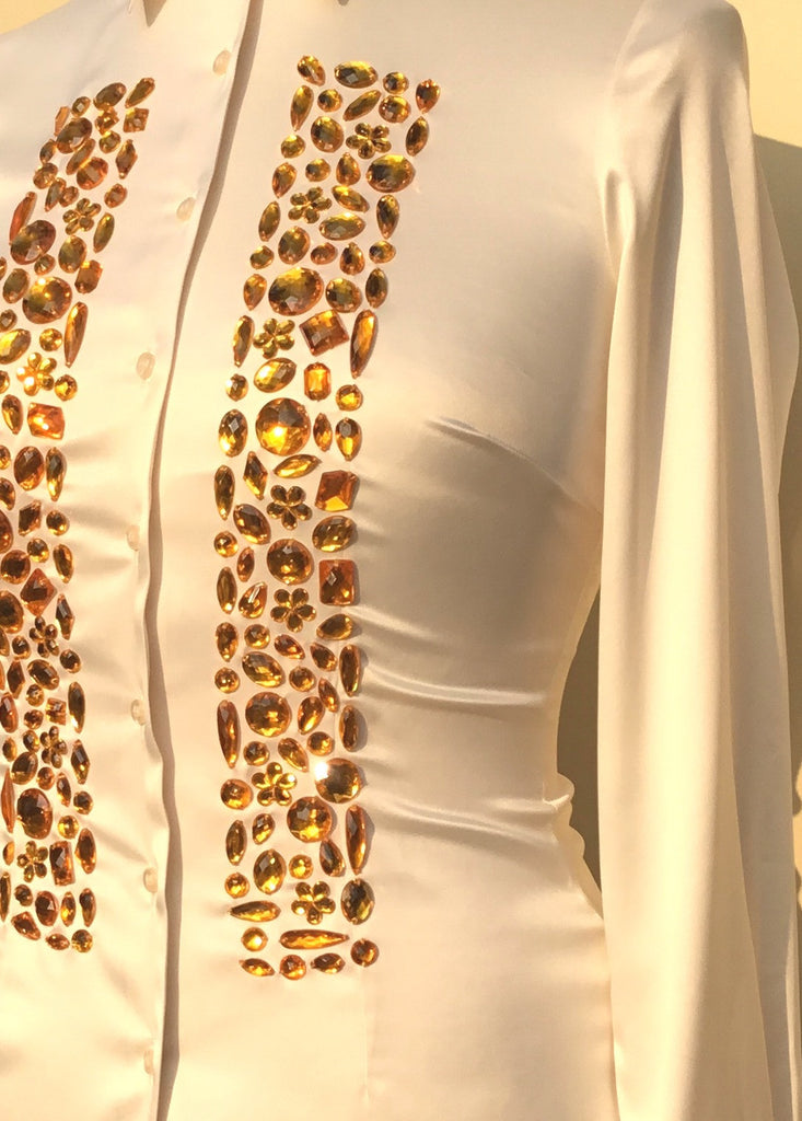 JEWELLERED CREAM SATIN SHIRT - DOUBLE CUFF
