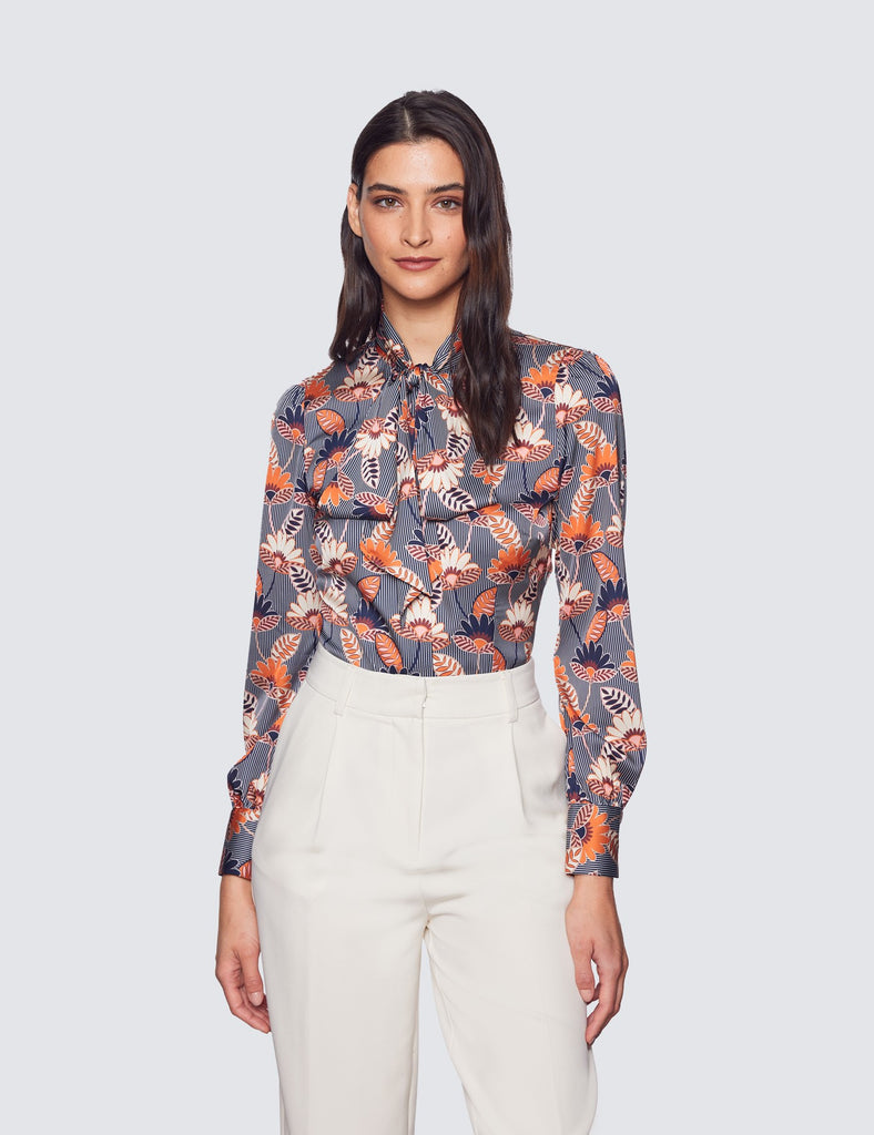 Navy % Cream floral stripe Satin Shirt - Single Cuff