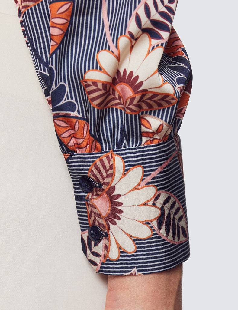 Navy % Cream floral stripe Satin Shirt - Single Cuff
