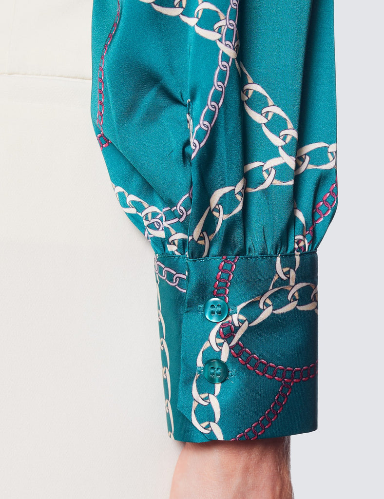 Green chain Print Pussy Bow Shirt - Single Cuff