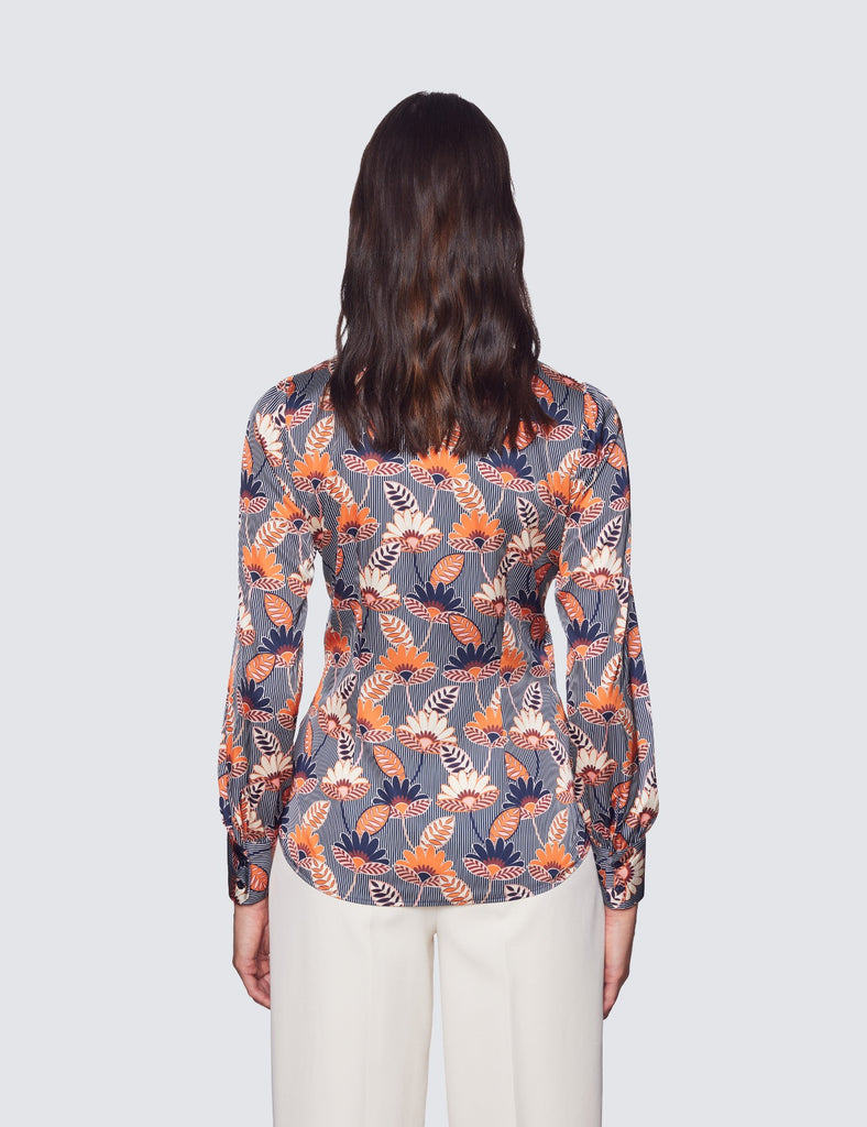 Navy % Cream floral stripe Satin Shirt - Single Cuff