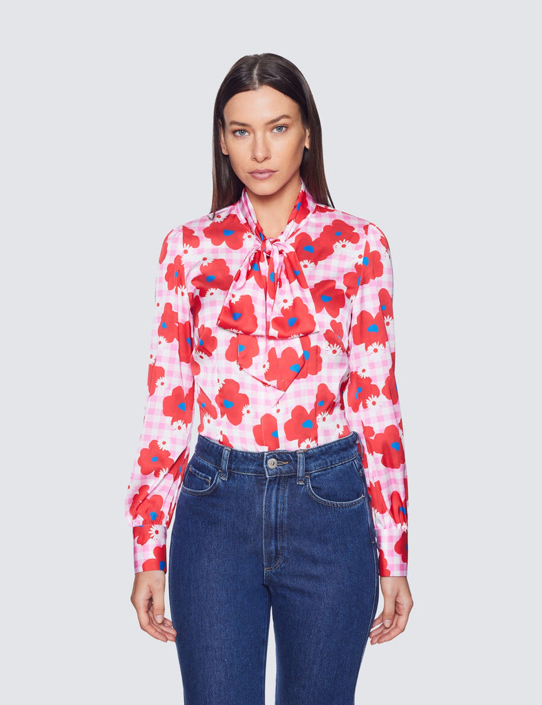 Pink & Red Floral Fitted Satin Blouse - Single Cuff - Pussy Bow