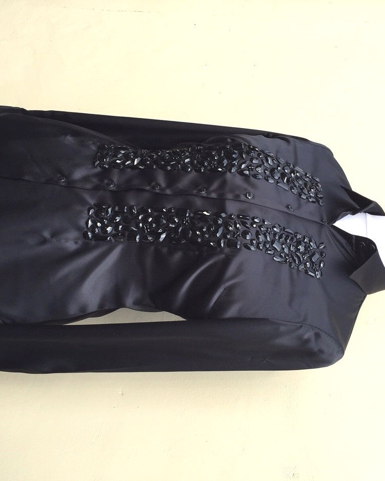 EMBROIDERED BLACK SATIN SHIRT - DOUBLE CUFF, size 14