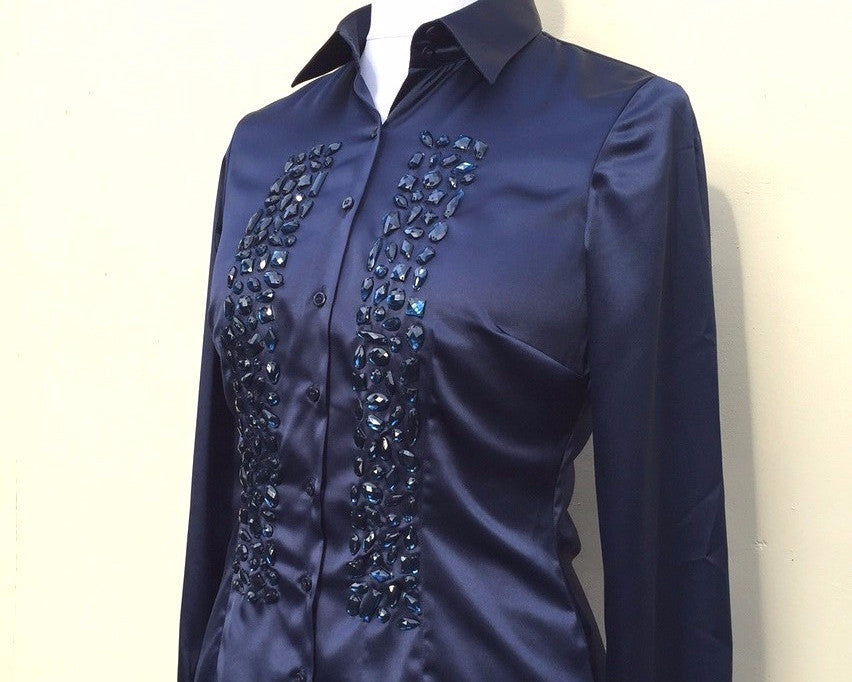 EMBROIDERED BLUE SATIN SHIRT - DOUBLE CUFF
