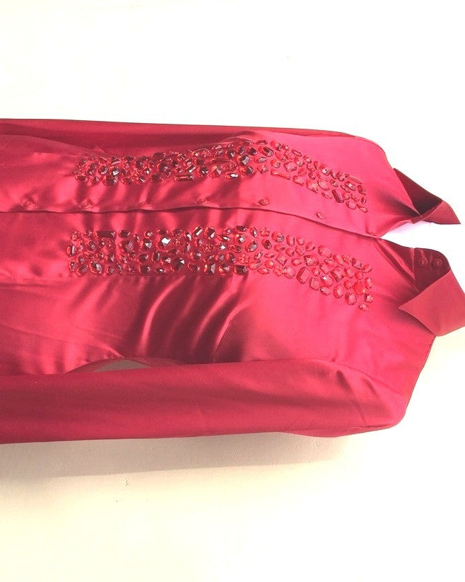 EMBROIDERED RED SATIN SHIRT - DOUBLE CUFF, size 14