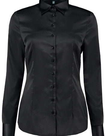 PLAIN BLACK FITTED SATIN SHIRT - DOUBLE CUFF
