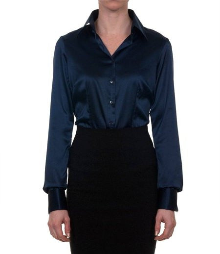 Luxury Navy Satin Shirt, Double Cuff