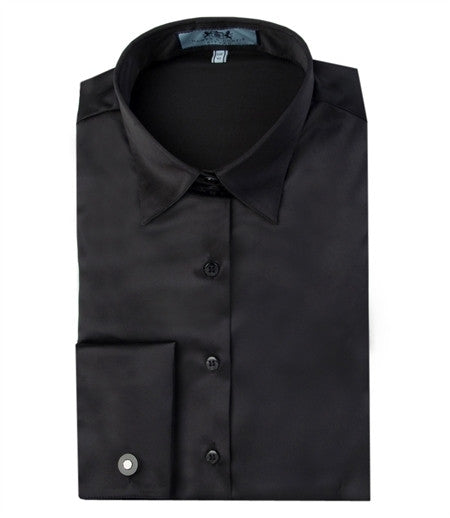 PLAIN BLACK FITTED SATIN SHIRT - DOUBLE CUFF, size 14