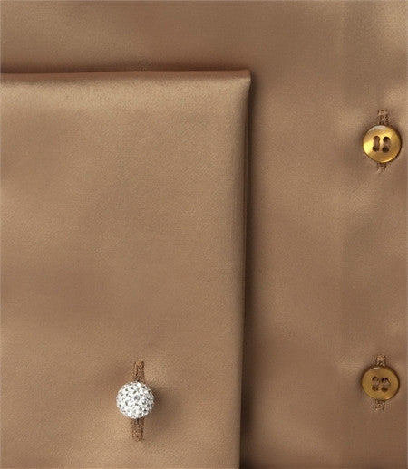 PLAIN CUMIN FITTED SATIN SHIRT - DOUBLE CUFF, size 14