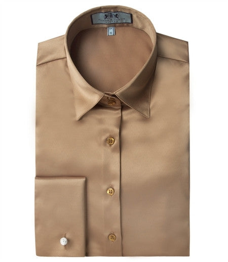 PLAIN CUMIN FITTED SATIN SHIRT - DOUBLE CUFF, size 12