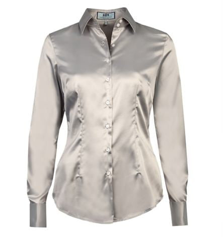 PLAIN HIGH RISE SILVER FITTED SATIN SHIRT, size 8