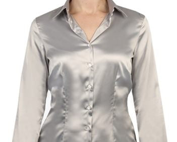 PLAIN HIGH RISE SILVER FITTED SATIN SHIRT, size 8