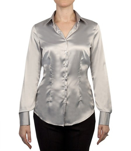 PLAIN HIGH RISE SILVER FITTED SATIN SHIRT, size 8