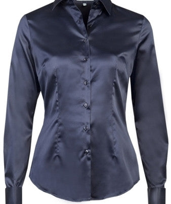 Luxury Navy Satin Shirt, Double Cuff