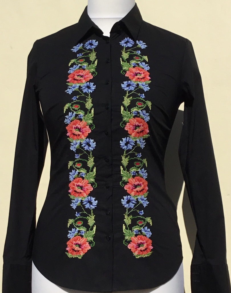 HAND EMBROIDERED BLACK SHIRT - DOUBLE CUFF