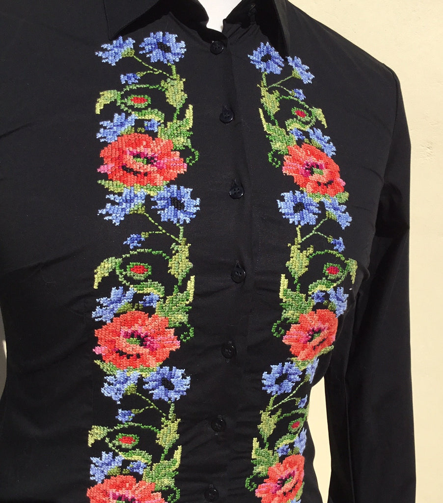 HAND EMBROIDERED BLACK SHIRT - DOUBLE CUFF