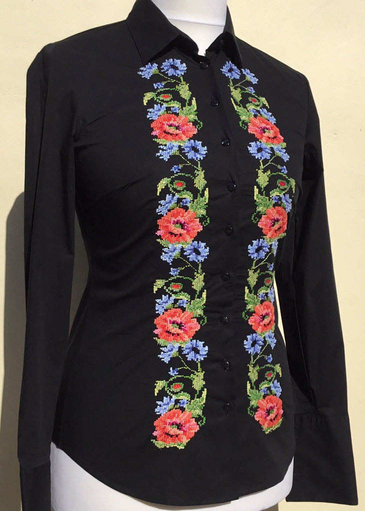 HAND EMBROIDERED BLACK SHIRT - DOUBLE CUFF