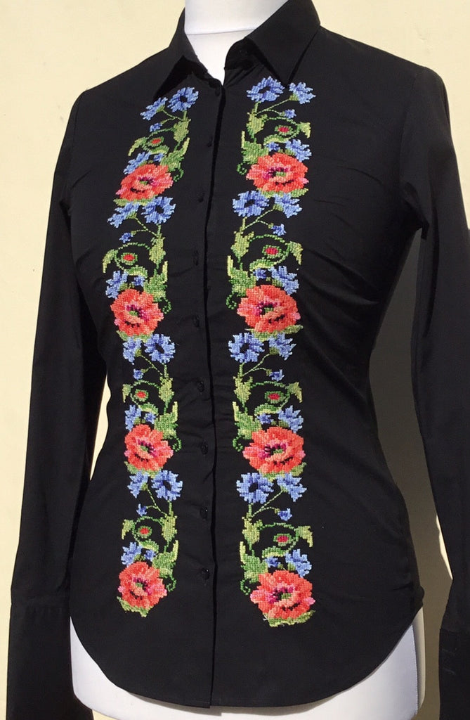 HAND EMBROIDERED BLACK SHIRT - DOUBLE CUFF