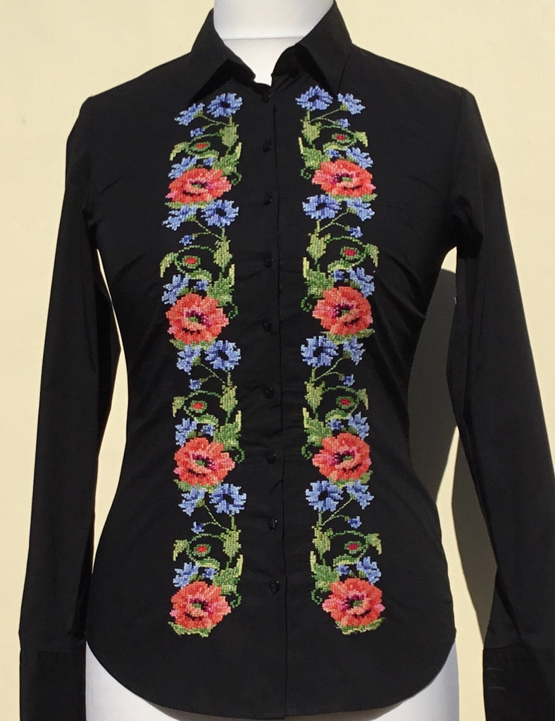 HAND EMBROIDERED BLACK SHIRT - DOUBLE CUFF