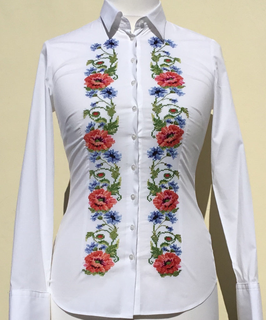 HAND EMBROIDERED WHITE SHIRT - DOUBLE CUFF