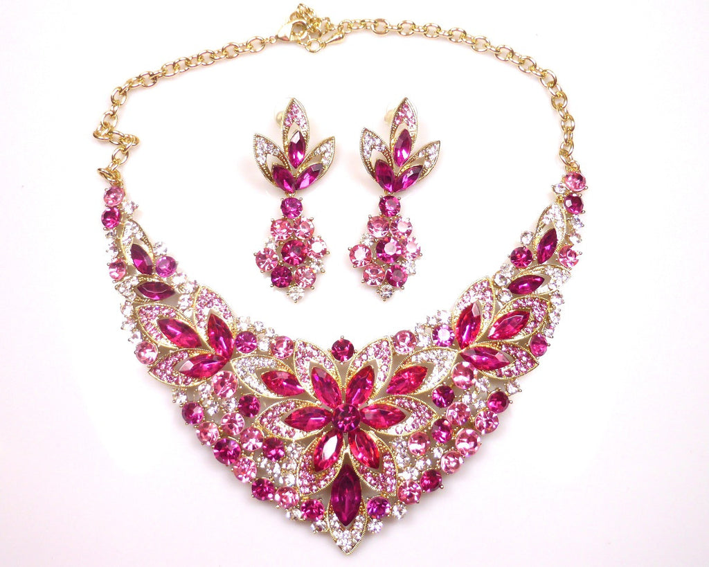 Pink Crystal Rhinestone Necklace & earrings