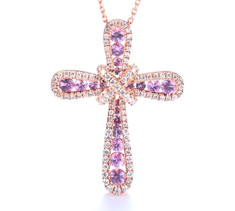 Pink Sapphire and Diamond Cross Pendant