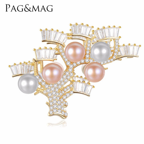Natural Pearl Gold 925 Sterling SilverPave Feather Brooch