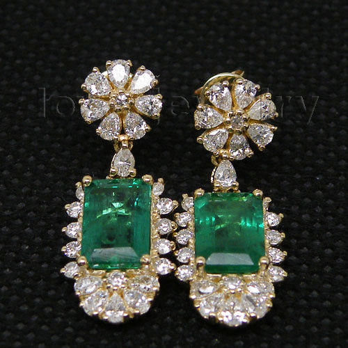 Emerald and Diamond 585 Gold Drop Earrings