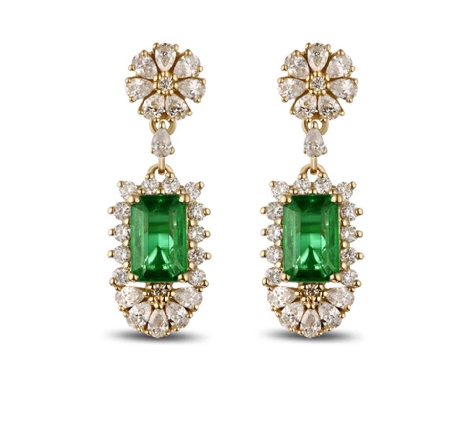 Emerald and Diamond 585 Gold Drop Earrings