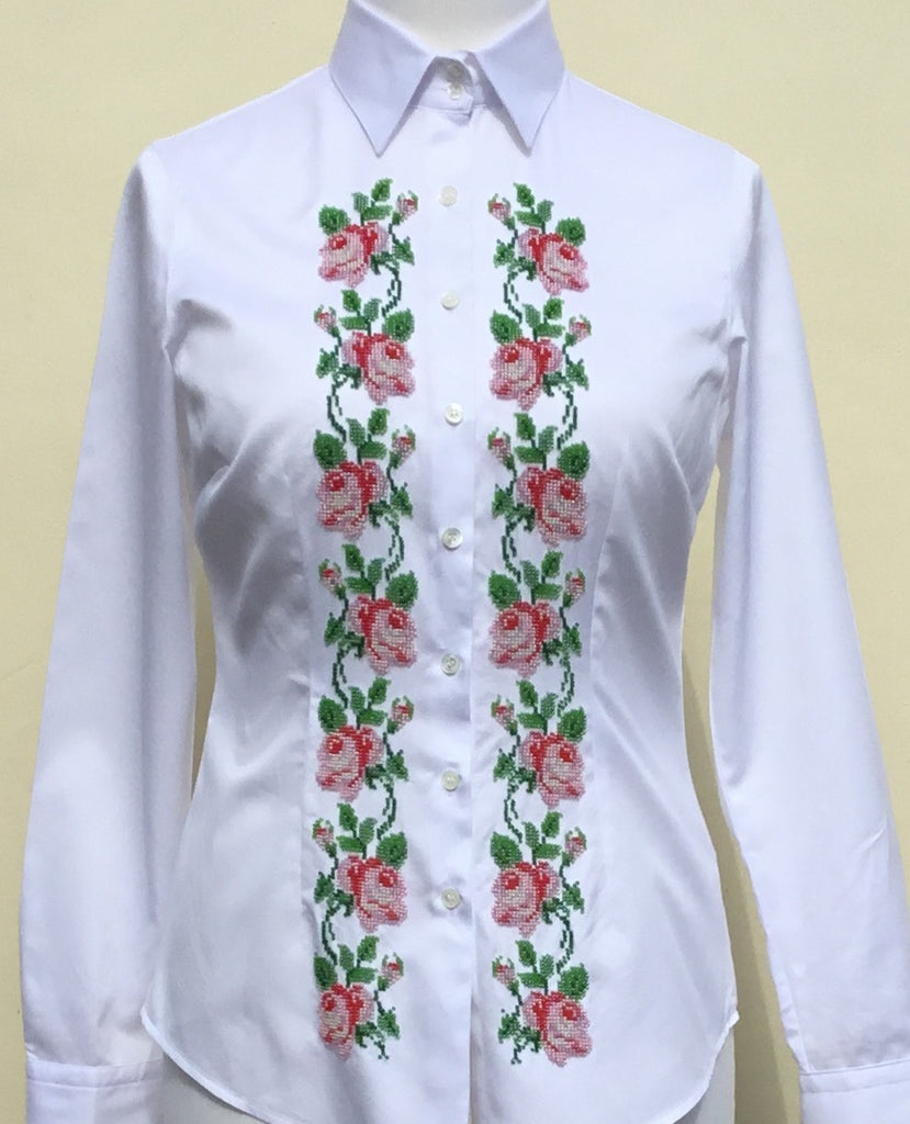HAND EMBROIDERED WHITE SHIRT WITH BEADS - DOUBLE CUFF