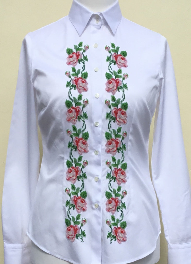 HAND EMBROIDERED WHITE SHIRT WITH BEADS - DOUBLE CUFF