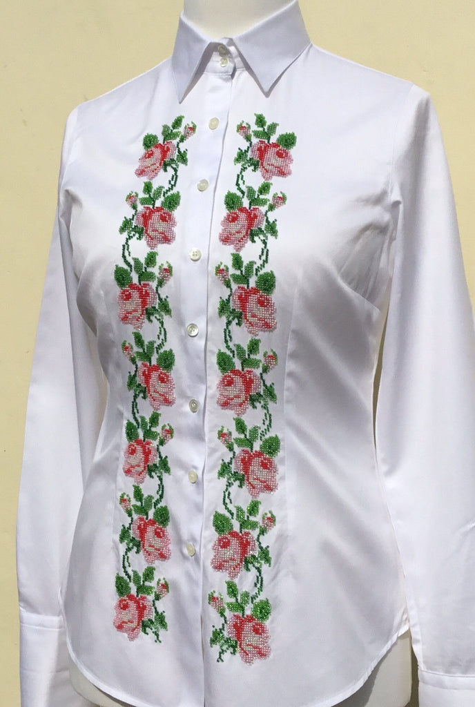 HAND EMBROIDERED WHITE SHIRT WITH BEADS - DOUBLE CUFF