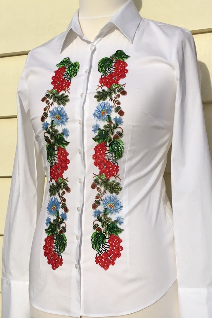 HAND EMBROIDERED WHITE SHIRT WITH BEADS - DOUBLE CUFF