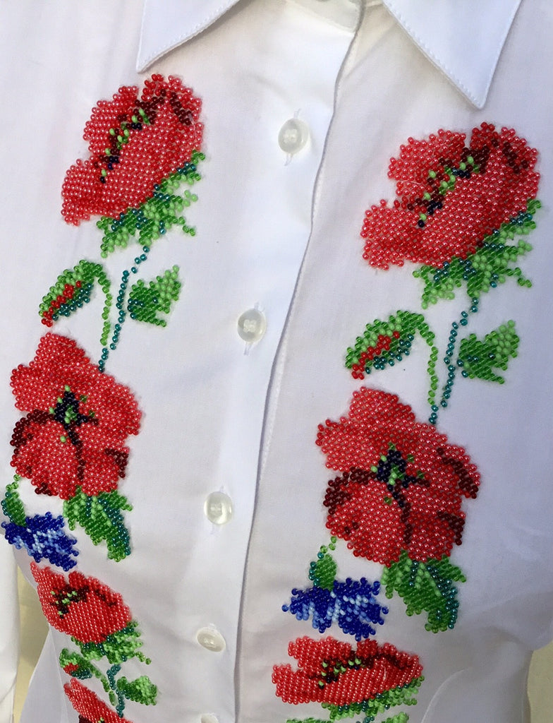 HAND EMBROIDERED WHITE SHIRT WITH BEADS - DOUBLE CUFF